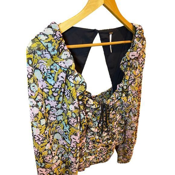 Free People Medium Mabel Balloon Sleeve Ruched Cropped Top Peasant Blouse Floral - Picture 6 of 15